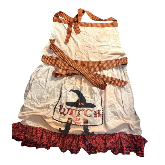 Pier 1 Imports Other - Vtg Pier 1 "The Witch Is In" Halloween Apron With Orange Check Straps & Ruffle H